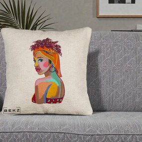 Perna Decorativa Portret Femeie Colorat Pop Art, 40x40 cm, Bej Canapea, Husa Detasabila, Perna Inclusa, BEKZ®
