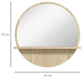 Oglinda de Baie Rotunda kleankin din PAL si Sticla cu Raft pentru Depozitare, 2 Carlige Posterioare pentru Fixare, Ø45x10 cm, Lemn Natur | Aosom RO