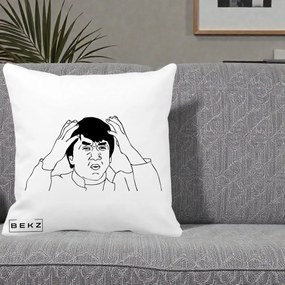 Perna Decorativa Jackie Chan WTF, 40x40 cm, Alba Mata, Husa Detasabila, Perna Inclusa, BEKZ®
