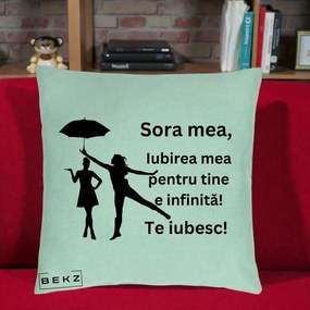 Cadou pentru Sora - Perna Personalizata Sora Mea Te Iubesc Siluete Negre cu Umbrela, 40x40 cm, Verde Menta, Husa Detasabila, Perna Inclusa, BEKZ®