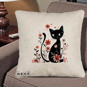 Perna Decorativa Pisica Neagra Flori Roz si Inimi, 40x40 cm, Bej Canapea, Husa Detasabila, Perna Inclusa, BEKZ®