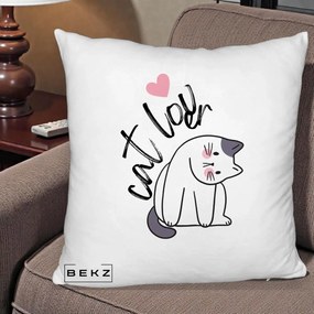 Perna Personalizata Cat Lover Pisica Ilustratie Linie, 40x40 cm, Alb Pufos, Husa Detasabila, Perna Inclusa, BEKZ®