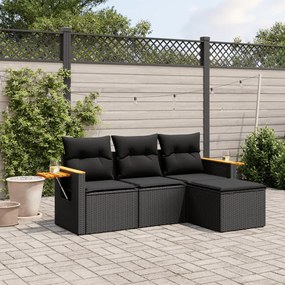 vidaXL Set mobilier de grădină cu perne, 4 piese, negru, poliratan