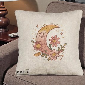 Perna Decorativa Luna Florala Boho, 40x40 cm, Bej Canapea, Husa Detasabila, Perna Inclusa, BEKZ®