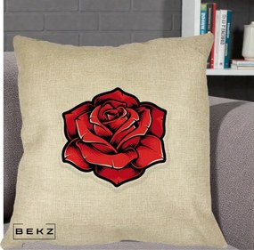 Perna Decorativa Trandafir Rosu Tattoo, 40x40 cm, Crem, Husa Detasabila, Perna Inclusa, BEKZ®