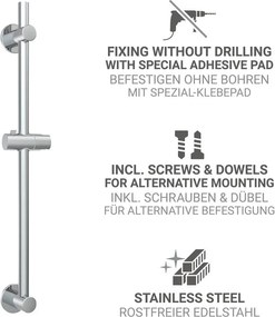 Tijă de duș argintiu-lucios autoadezivă din oțel inoxidabil 70 cm cu suport glisant – Wenko