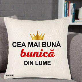 Cadou pentru Bunica - Perna Personalizata Cea Mai Buna Bunica Din Lume Coroana Aurie, 40x40 cm, Crem Reliefat, Husa Detasabila, Perna Inclusa, BEKZ®