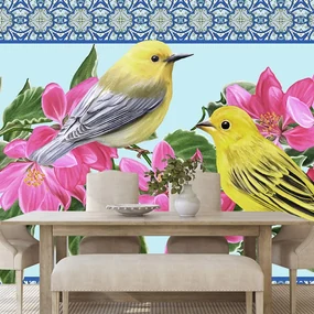Tapet păsări și flori într-un design vintage