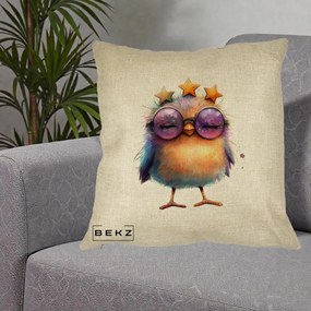 Perna Decorativa Pui Pop Star cu Ochelari Stele Violet, 40x40 cm, Crem, Husa Detasabila, Perna Inclusa, BEKZ®