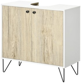 kleankin Dulap sub lavoar, mobilier de baie cu 2 uși, picioare din oțel, 60 x 30 x 60 cm, alb și lemn natural | Aosom Romania