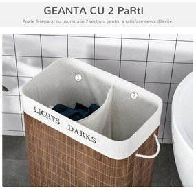 HOMCOM Coș de Rufe din Bambus Rezistent la Apă, 100L, 2 Compartimente, Manere Laterale din Frânghie, Design Elegant | Aosom Romania