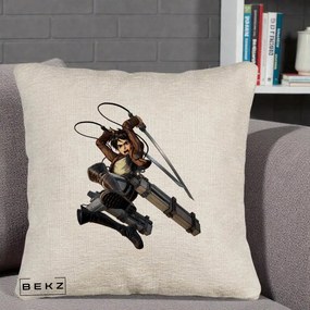 Perna Personalizata Attack on Titan Eren Yeager Lupta, 40x40 cm, Bej Canapea, Husa Detasabila, Perna Inclusa, BEKZ®