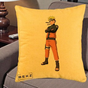 Perna Personalizata Naruto Uzumaki Portret Complet, 40x40 cm, Galben, Husa Detasabila, Perna Inclusa, BEKZ®