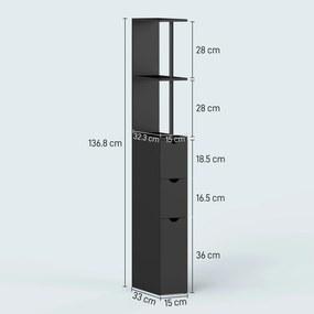 Dulap cu coloana HOMCOM din lemn ce economie de spatiu, dulap de baie cu rafturi, dulap si sertare, negru, 15x33x136.8cm | Aosom Romania