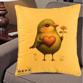 Perna Decorativa Pasare Verde cu Inima si Floare, 40x40 cm, Galben, Husa Detasabila, Perna Inclusa, BEKZ®