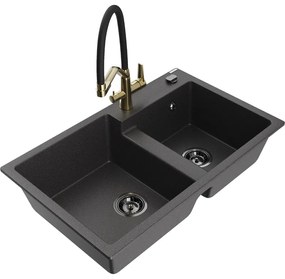 Chiuvetă granitată Mexen Tomas cu 2 compartimente și baterie de bucătărie Duo, negru stropit - 6516-76-671701-57-B