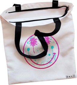 Sacosa de Panza pentru Cumparaturi, Geanta Tote, model Beach Smile, Cu fermoar, 38x34.5 cm, Alba, BEKZ®