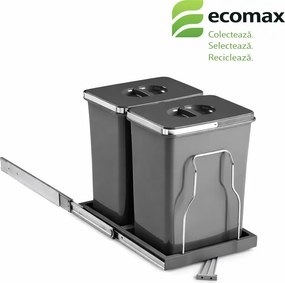 Cos gunoi incorporabil Ecomax Patty 45 Automatic, colectare selectiva, gri antracit, 2 x 15 l Polipropilena Metal, 450 mm, L:305 mm; A:470 mm; H:330