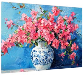 Tablou pe sticlă - Vază cu flori roz (70x50 cm)