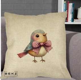 Perna Decorativa Pasare Bleu cu Fundita Roz, 40x40 cm, Crem, Husa Detasabila, Perna Inclusa, BEKZ®