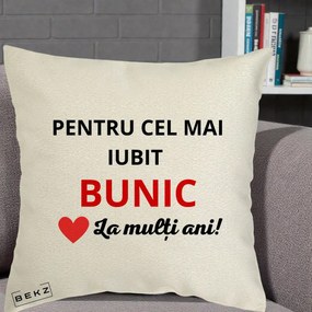 Cadou pentru Bunic - Perna Personalizata Pentru Cel Mai Iubit Bunic La Multi Ani Rosu, 40x40 cm, Ecru, Husa Detasabila, Perna Inclusa, BEKZ®