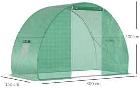 Outsunny Seră Tunel pentru Cultivarea Legumelor și Fructelor, cu Ușă și Ferestre, Copertină PE, Structură Oțel, 150x300x200 cm, Verde | Aosom Romania