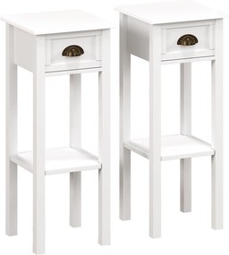 HOMCOM Set de 2 măsuțe laterale Masă de noptieră stil sofisticat cu sertar, etajeră inferioară, 30 x 30 x 75 cm, alb | Aosom Romania