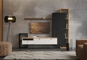 Mobilier de perete living, negru/alb/stejar craft auriu, DENISO