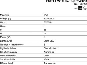 Aplica perete exterior IP65, 2xGU10 ESTELA alba