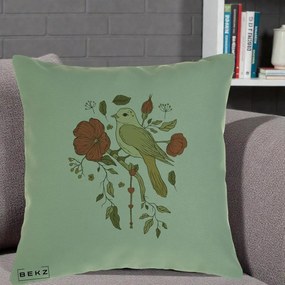Perna Decorativa Pasare pe Ramura cu Maci, 40x40 cm, Verde, Husa Detasabila, Perna Inclusa, BEKZ®