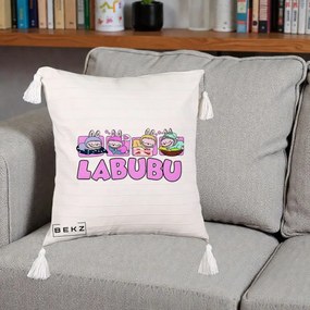 Perna Personalizata Labubu Sleeping Quad, 40x40 cm, Bej cu Franjuri, Husa Detasabila, Perna Inclusa, BEKZ®