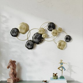 HOMCOM Decorațiune de perete din metal în formă de frunză de lotus, design unic cu discuri multiple, 84 x 35 cm, auriu și negru | Aosom Romania