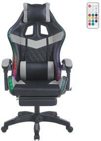 Scaun gaming, sistem iluminare bandă LED RGB, masaj în perna lombară, suport picioare, Negru/Gri
