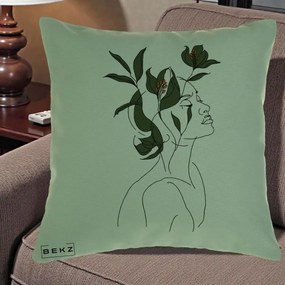 Perna Decorativa Portret Feminin Crin Verde, 40x40 cm, Verde, Husa Detasabila, Perna Inclusa, BEKZ®
