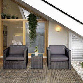 Outsunny Set Mobilier de Gradina din Ratan PE de 3 Piese cu 2 Fotolii de Exterior, Masuta pentru Cafea cu Sticla si Perne, Negru