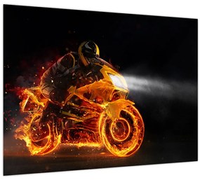 Tablou pe sticlă - Motociclist cu flăcări (70x50 cm)