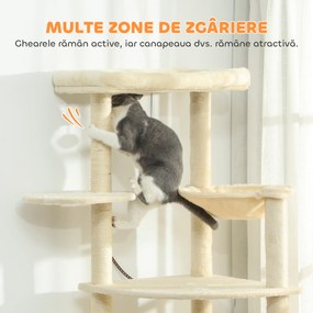 PawHut Ansablu de joacă pentru pisici, 2 căsuțe, 2 paturi și hamac, 200cm, bej | Aosom Romania