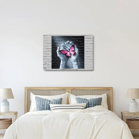 Tablou pe sticlă - Fluture roz în perete (70x50 cm)