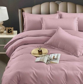Lenjerie pat dublu, damasc finetat Deluxe, 6 piese, cearceaf pat cu elastic- Roz antic