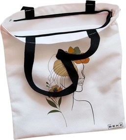 Sacosa de Panza pentru Cumparaturi, Geanta Tote, Flower Lady 11, Cu fermoar, 38x34.5 cm, Alba, BEKZ®