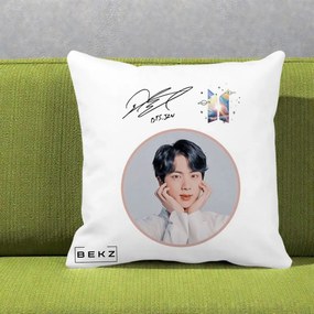 Perna Personalizata K-pop BTS Jin Portret cu Autograf, 40x40 cm, Alba Mata, Husa Detasabila, Perna Inclusa, BEKZ®