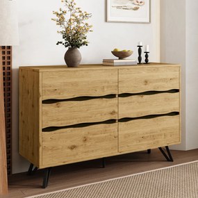 Comodă cu 6 sertare, picioare metalice, mult spațiu de depozitare, 120x40x75,5 cm, Culoare naturală