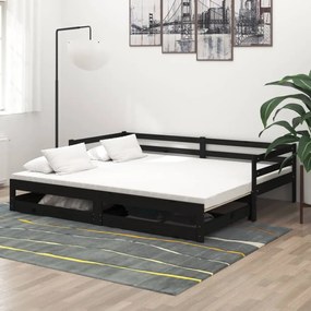3083698 vidaXL Pat extensibil de zi, 2x(90x200) cm, negru, lemn masiv de pin