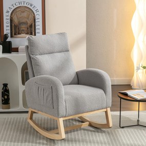 Scaun balansoar modern din material Teddy, cu șezut căptușit și buzunar lateral ascuns, pentru living și dormitor, 71x88x104,5 cm, Gri deschis