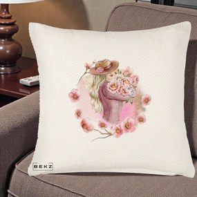 Perna Decorativa Femeie cu Flori Roz Acuarela, 40x40 cm, Crem Reliefat, Husa Detasabila, Perna Inclusa, BEKZ®