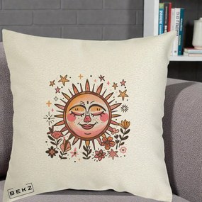 Perna Decorativa Soare Retro Boho Floral, 40x40 cm, Ecru, Husa Detasabila, Perna Inclusa, BEKZ®