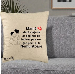 Cadou pentru Mama - Perna Personalizata Mama Nemuritoare Kawaii, 40x40 cm, Bej, Husa Detasabila, Perna Inclusa, BEKZ®