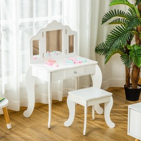 HOMCOM Coafatoare pentru Copii cu Taburet, oglindă triptică și Sertar Culisant - Dimensiuni Coafatoare 63L x 40l x 85,5H cm - Alb Acrilic | Aosom Romania