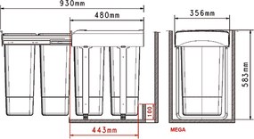 Cos gunoi incorporabil Ecomax Mega 45, cu extragere totala, colectare selectiva, 2 x 26 l L: 356 mm, A: 480 mm, H: 583 mm, Polipropilena, Gri orion,