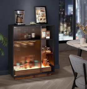 COMI34 - Comoda cu LED pentru Bar, usa Sticla, 88 cm pentru hol, living, dormitor, bucatarie, stil industrial - Negru - Maro